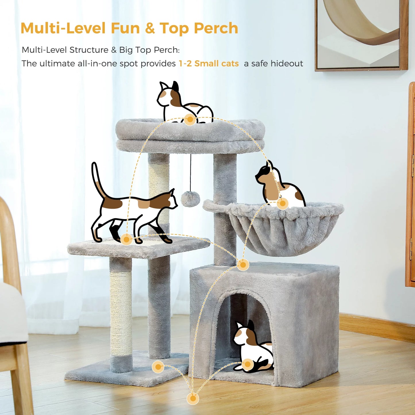 PAWZ Road 28" Small Cat Tree Tower Cat Condo with Perch Cat Scratching Post for Indoor Cats, Gray