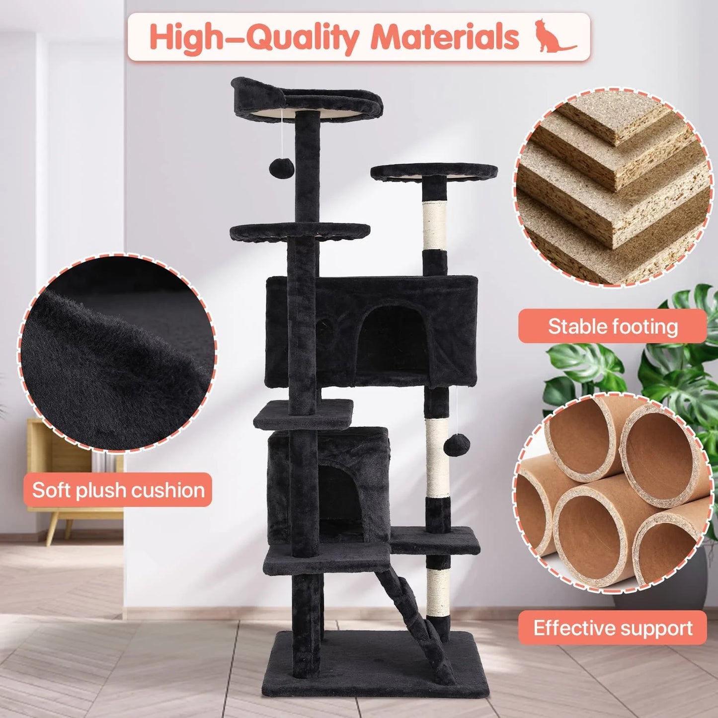 Niamvelo 54-In Double Condo Cat Tree Tower Playhouse with Scratching Post for Indoor, Dark Gray