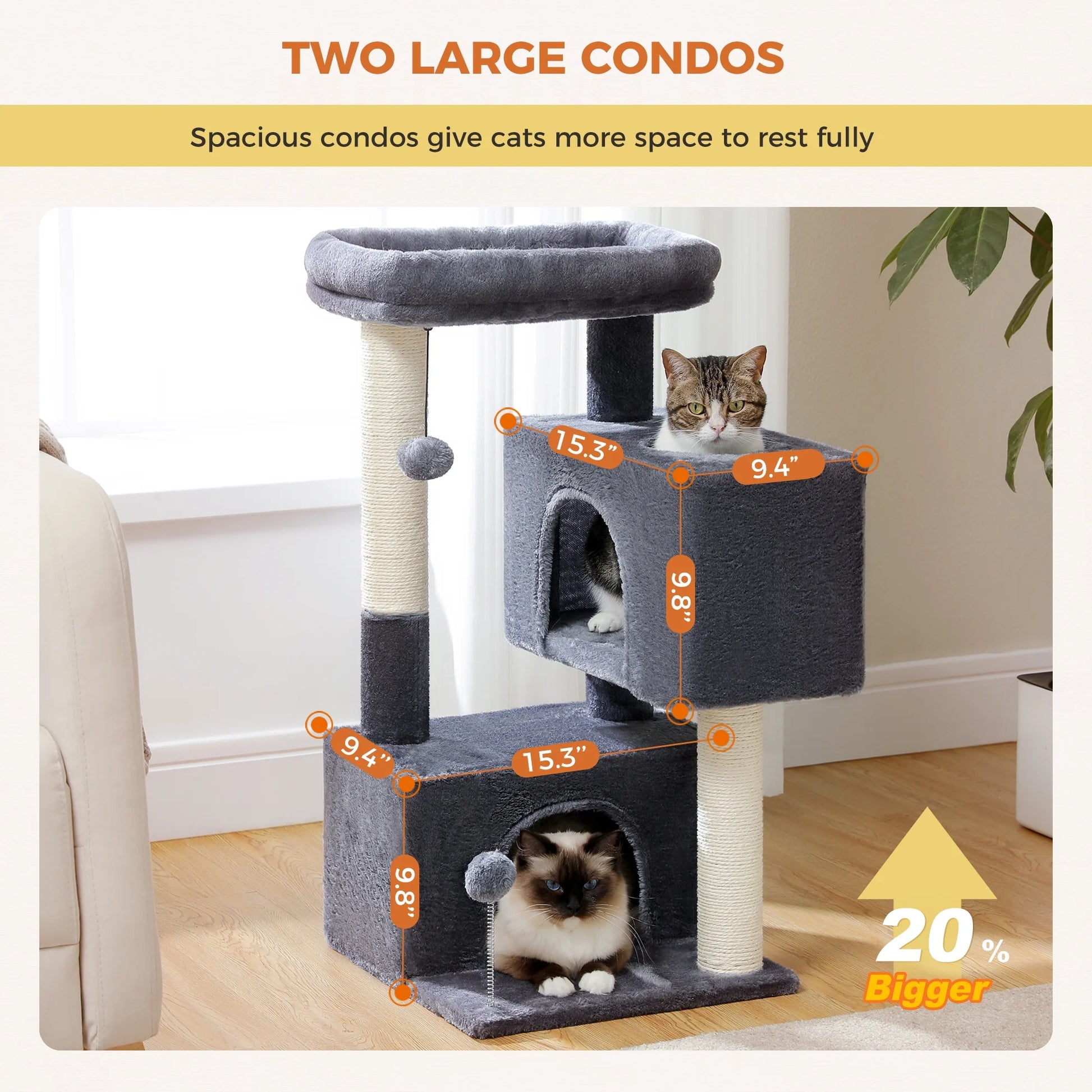31.5" Modern Cat Tree Tower with Dual Large Condos for Kitten ＆ Medium Size Cat Dark Gray