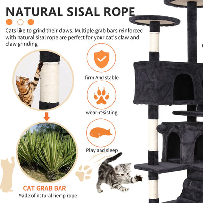 Niamvelo 54-In Double Condo Cat Tree Tower Playhouse with Scratching Post for Indoor, Dark Gray