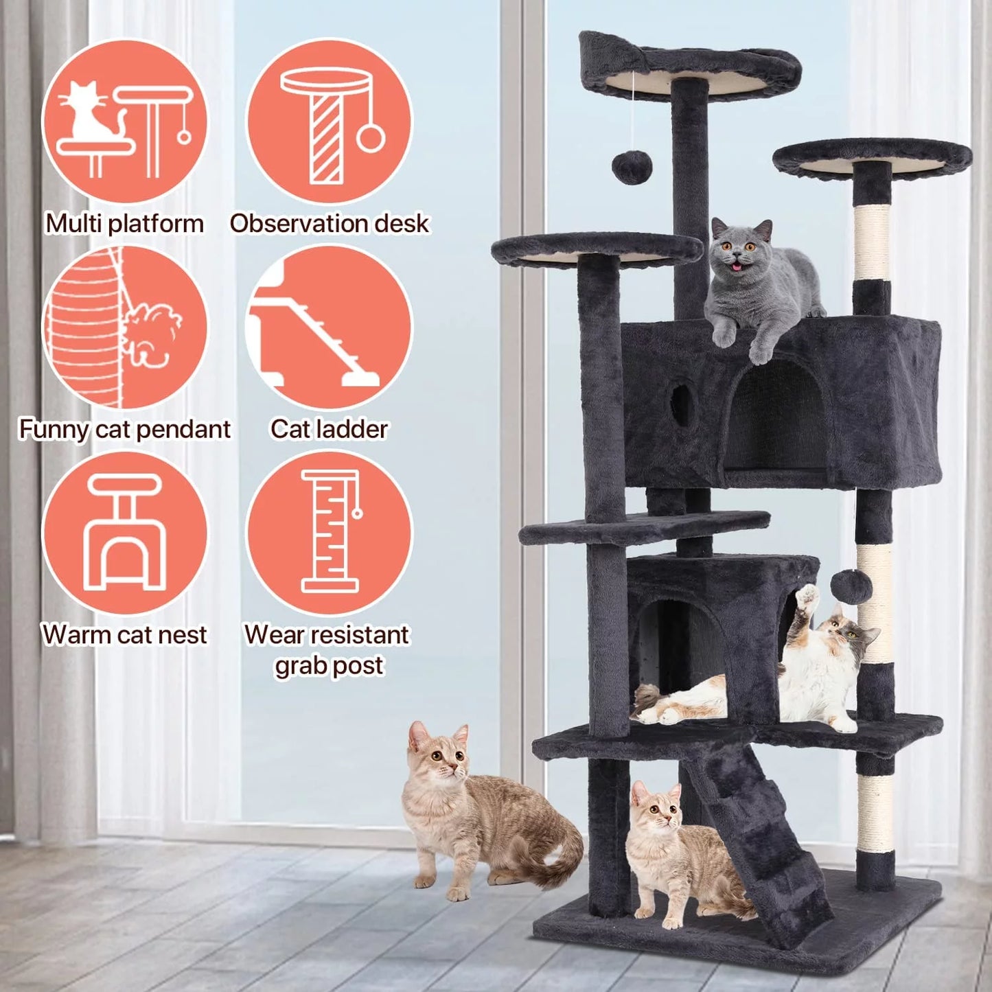 Niamvelo 54-In Double Condo Cat Tree Tower Playhouse with Scratching Post & Perch for Indoor, Light Gray