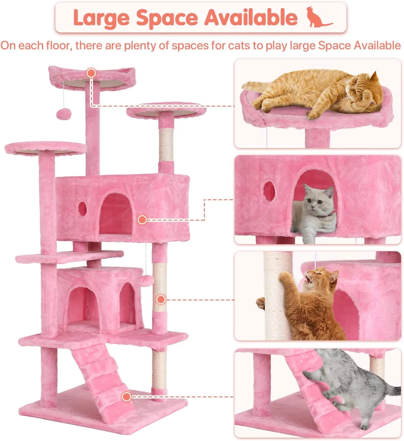 Niamvelo 54-In Double Condo Cat Tree Tower Playhouse with Scratching Post & Perch for Indoor, Pink