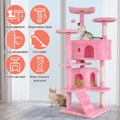 Niamvelo 54-In Double Condo Cat Tree Tower Playhouse with Scratching Post & Perch for Indoor, Pink