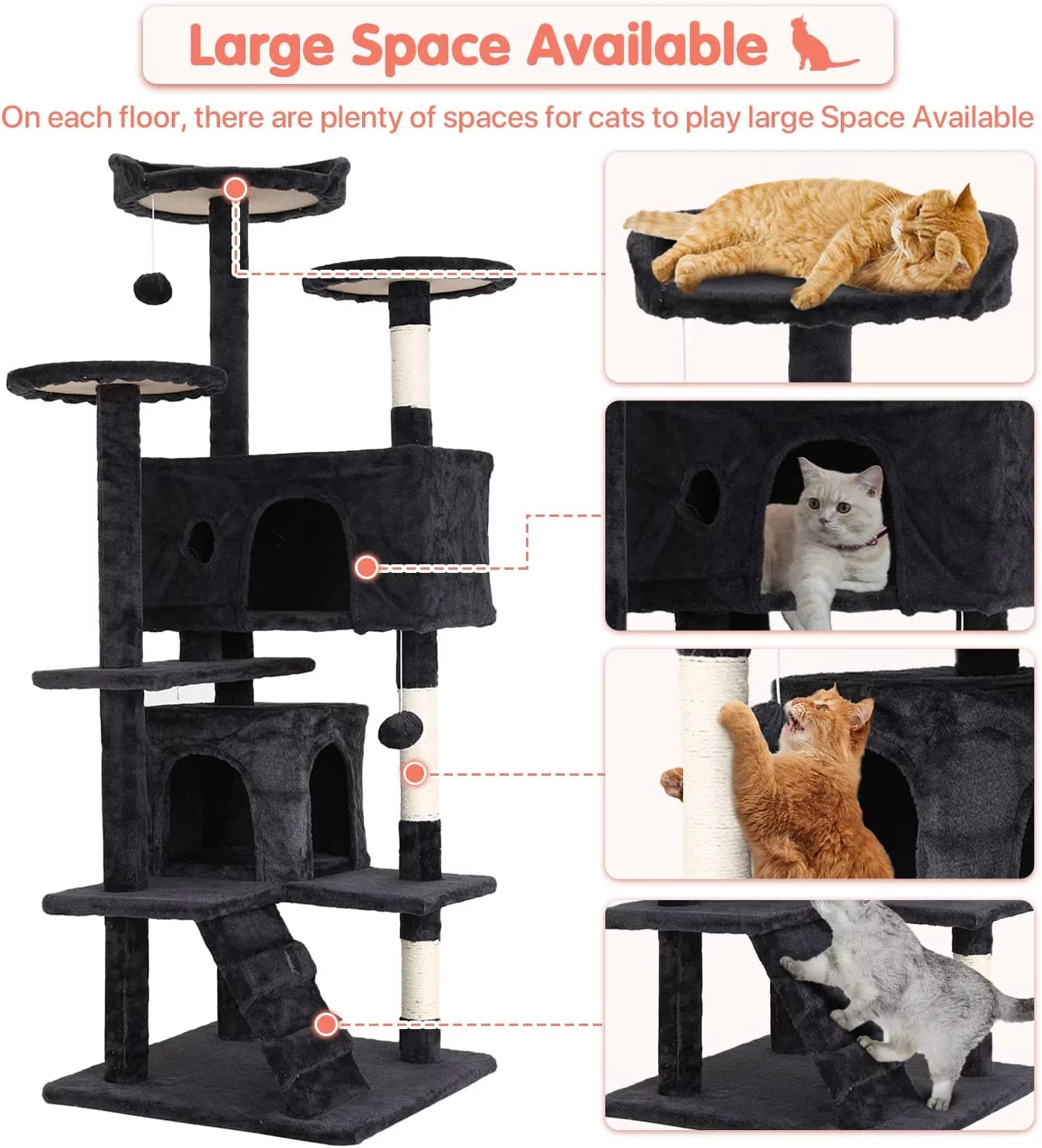 Niamvelo 54-In Double Condo Cat Tree Tower Playhouse with Scratching Post for Indoor, Dark Gray