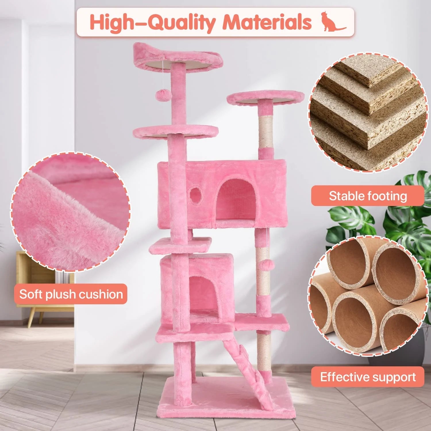 Niamvelo 54-In Double Condo Cat Tree Tower Playhouse with Scratching Post & Perch for Indoor, Pink