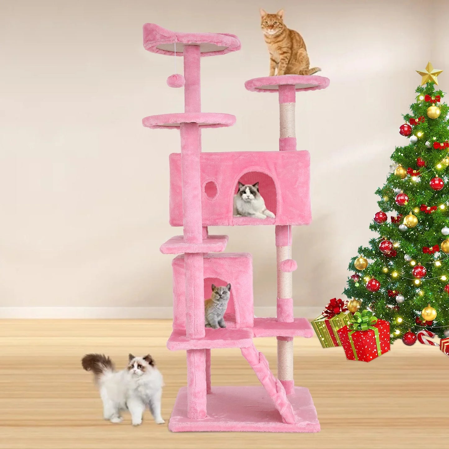 Niamvelo 54-In Double Condo Cat Tree Tower Playhouse with Scratching Post & Perch for Indoor, Pink
