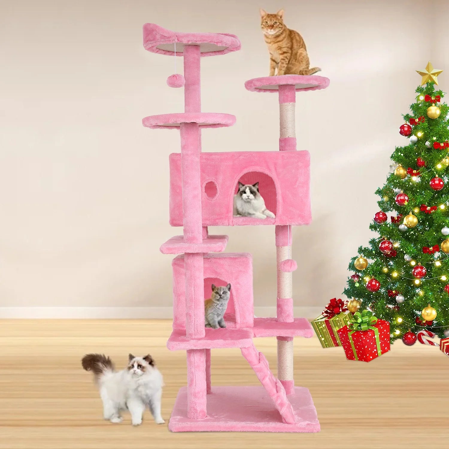 Niamvelo 54-In Double Condo Cat Tree Tower Playhouse with Scratching Post & Perch for Indoor, Pink