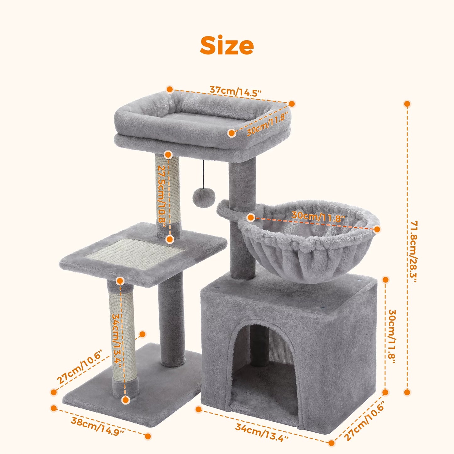 PAWZ Road 28" Small Cat Tree Tower Cat Condo with Perch Cat Scratching Post for Indoor Cats, Gray
