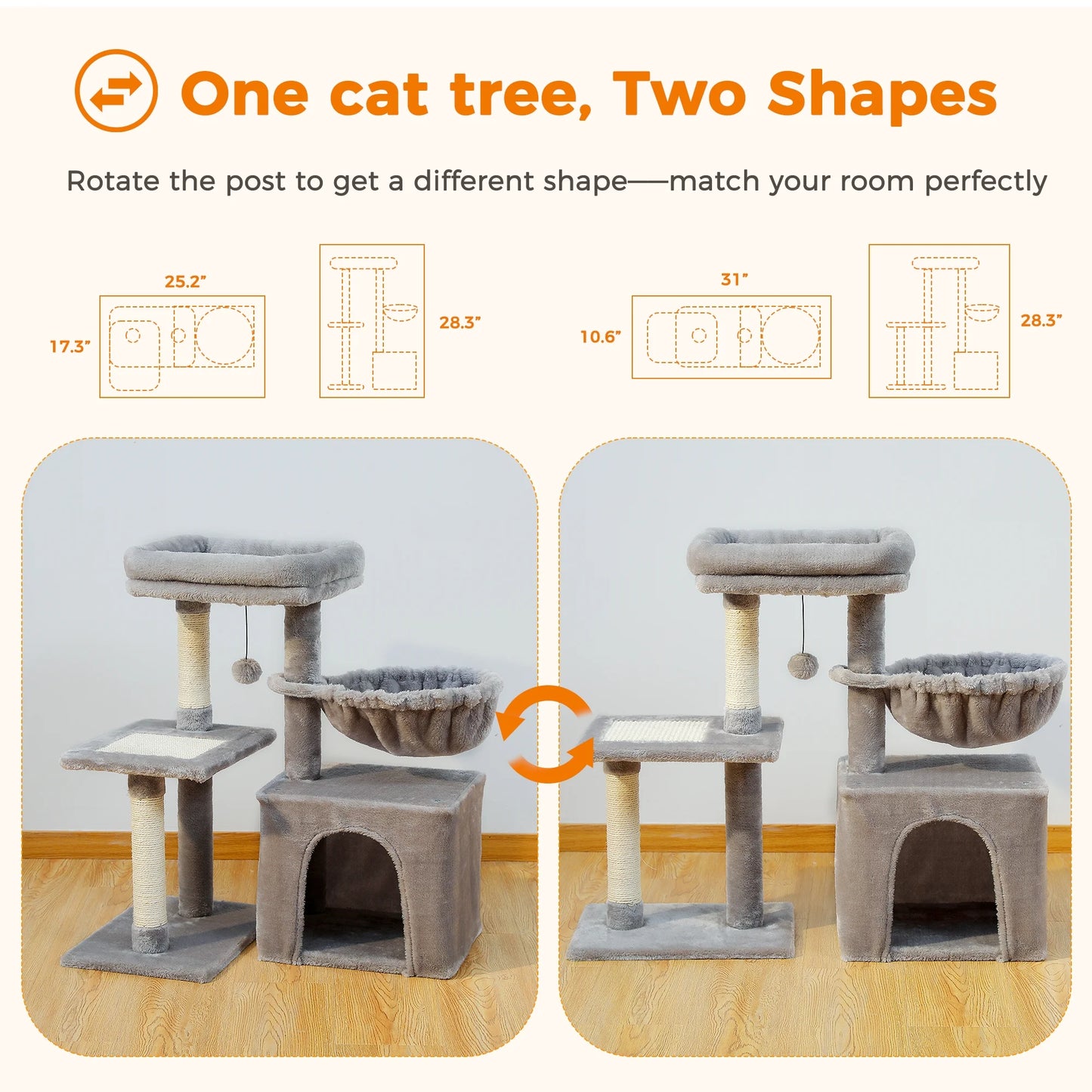 PAWZ Road 28" Small Cat Tree Tower Cat Condo with Perch Cat Scratching Post for Indoor Cats, Gray