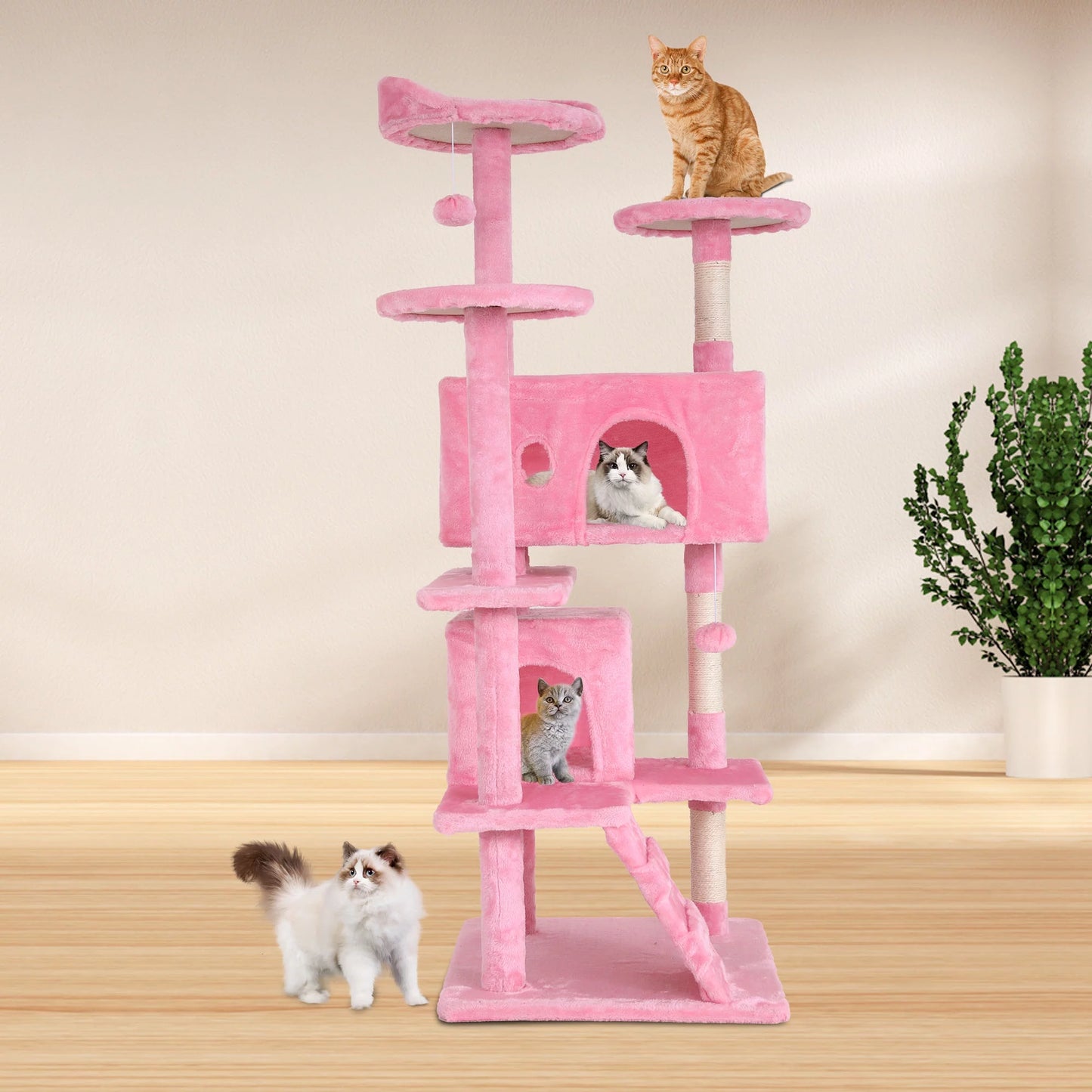 Niamvelo 54-In Double Condo Cat Tree Tower Playhouse with Scratching Post & Perch for Indoor, Pink