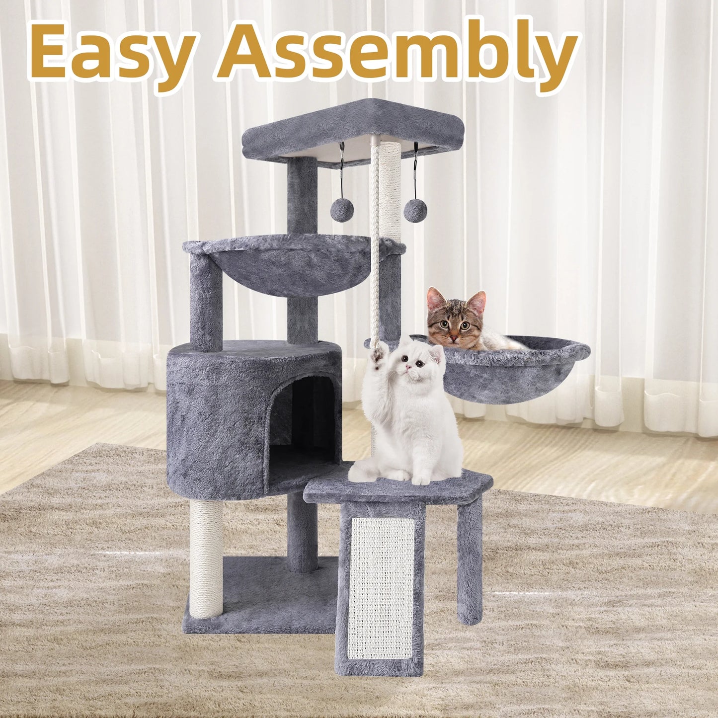 AIWIKIDE 37.4'' Cat Tree Cat Tower with Scratching Posts, Activity Centre Climbing Tree Cat Furniture with Cat Condo and Two Hammocks, Grey