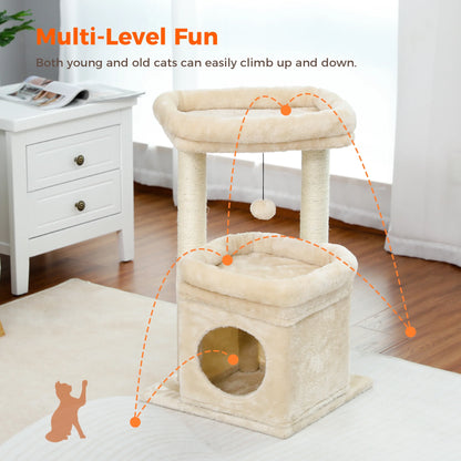PAWZ Road 27" Cat Tree for Medium Cats Plush Condo and Scratching Posts, Beige