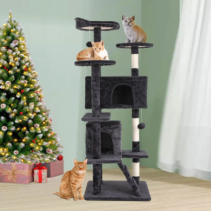 Niamvelo 54-In Double Condo Cat Tree Tower Playhouse with Scratching Post for Indoor, Dark Gray