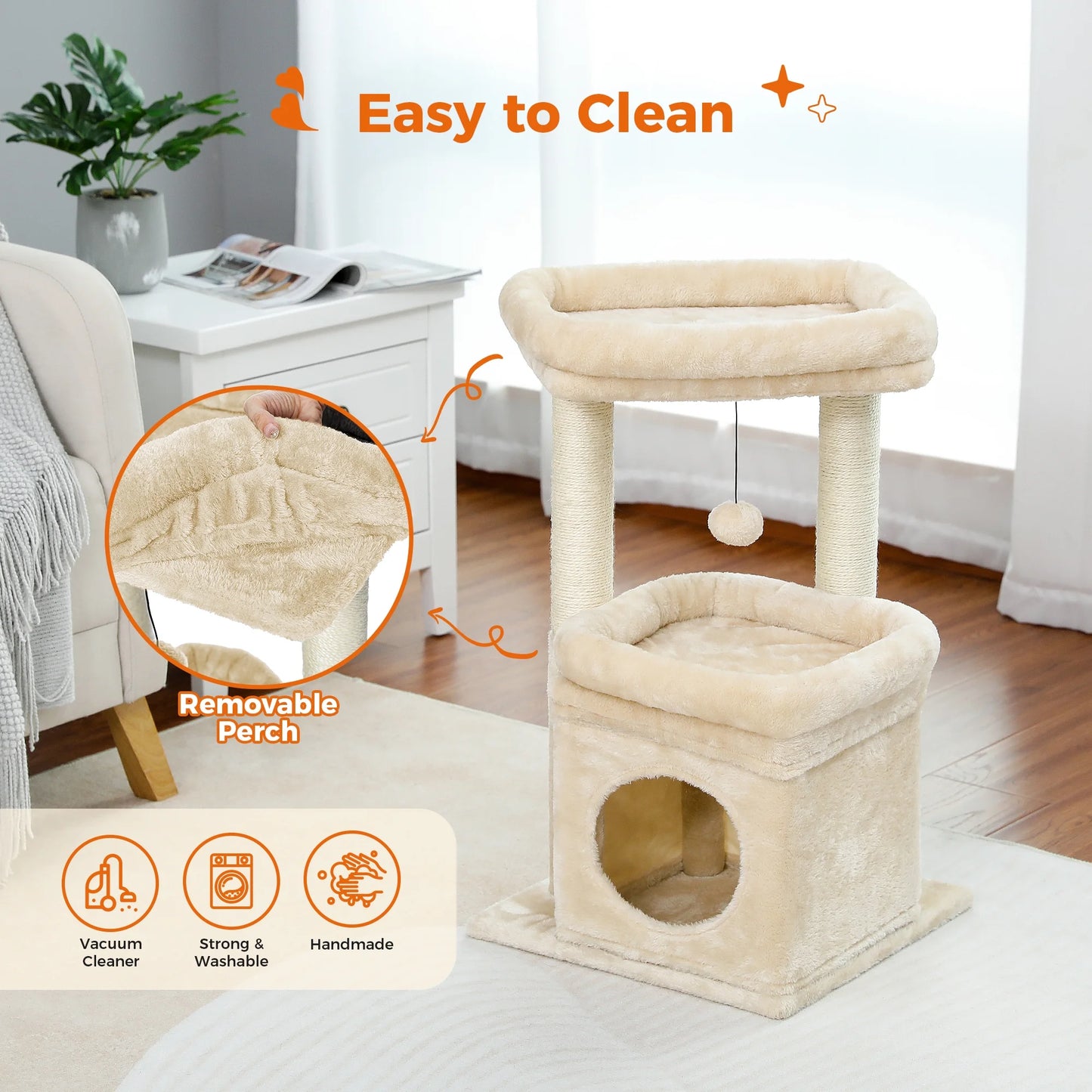 PAWZ Road 27" Cat Tree for Medium Cats Plush Condo and Scratching Posts, Beige