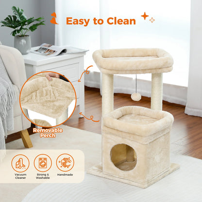 PAWZ Road 27" Cat Tree for Medium Cats Plush Condo and Scratching Posts, Beige