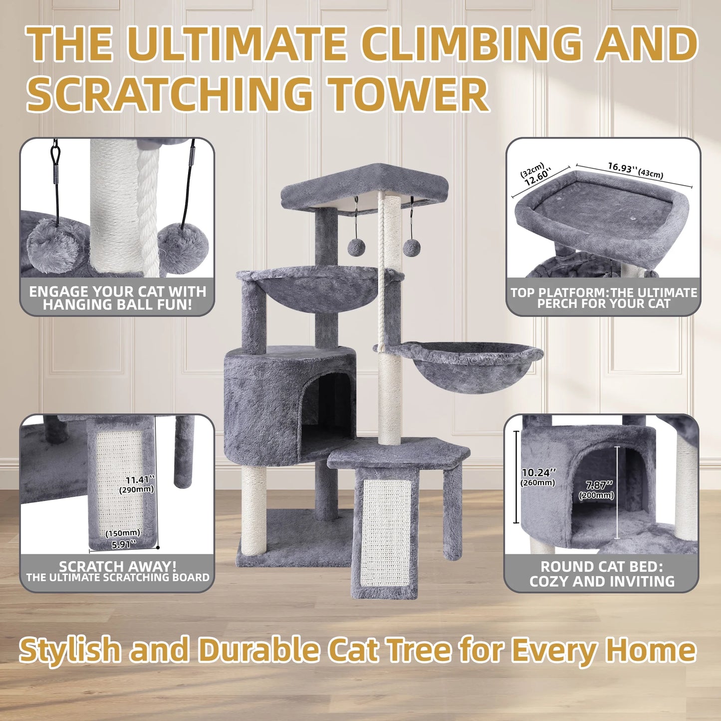 AIWIKIDE 37.4'' Cat Tree Cat Tower with Scratching Posts, Activity Centre Climbing Tree Cat Furniture with Cat Condo and Two Hammocks, Grey