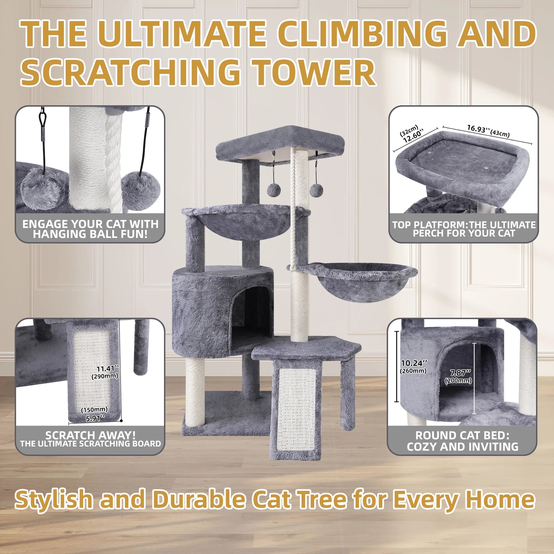 AIWIKIDE 37.4'' Cat Tree Cat Tower with Scratching Posts, Activity Centre Climbing Tree Cat Furniture with Cat Condo and Two Hammocks, Grey