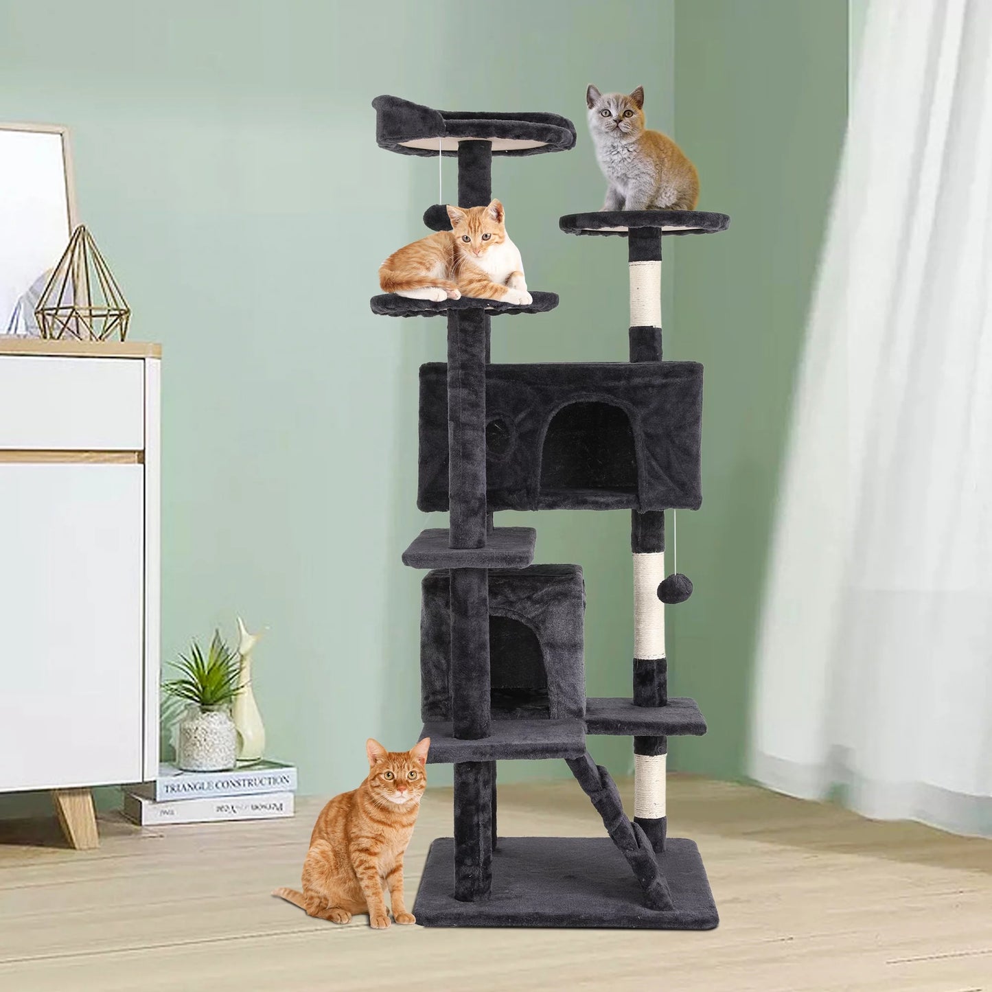 Niamvelo 54-In Double Condo Cat Tree Tower Playhouse with Scratching Post for Indoor, Dark Gray