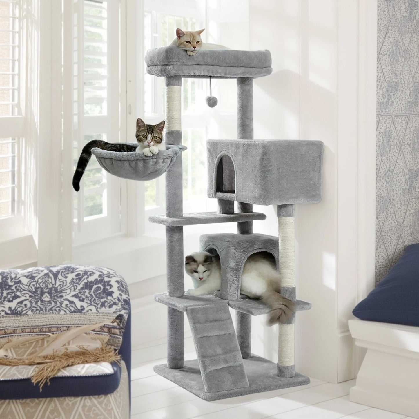 56" Cat Tree for Indoor Cats Cat Condos for Adult Cats with Padded Plush Perch and Cozy Basket Cat Tower for Large Cats , Gray