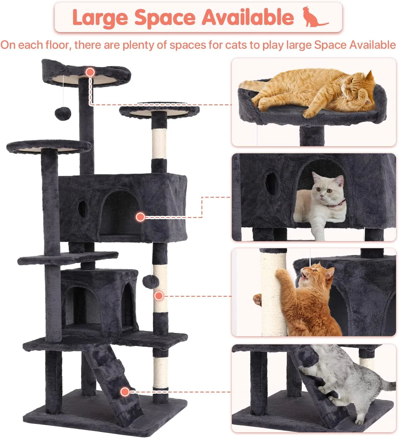 Niamvelo 54-In Double Condo Cat Tree Tower Playhouse with Scratching Post & Perch for Indoor, Light Gray