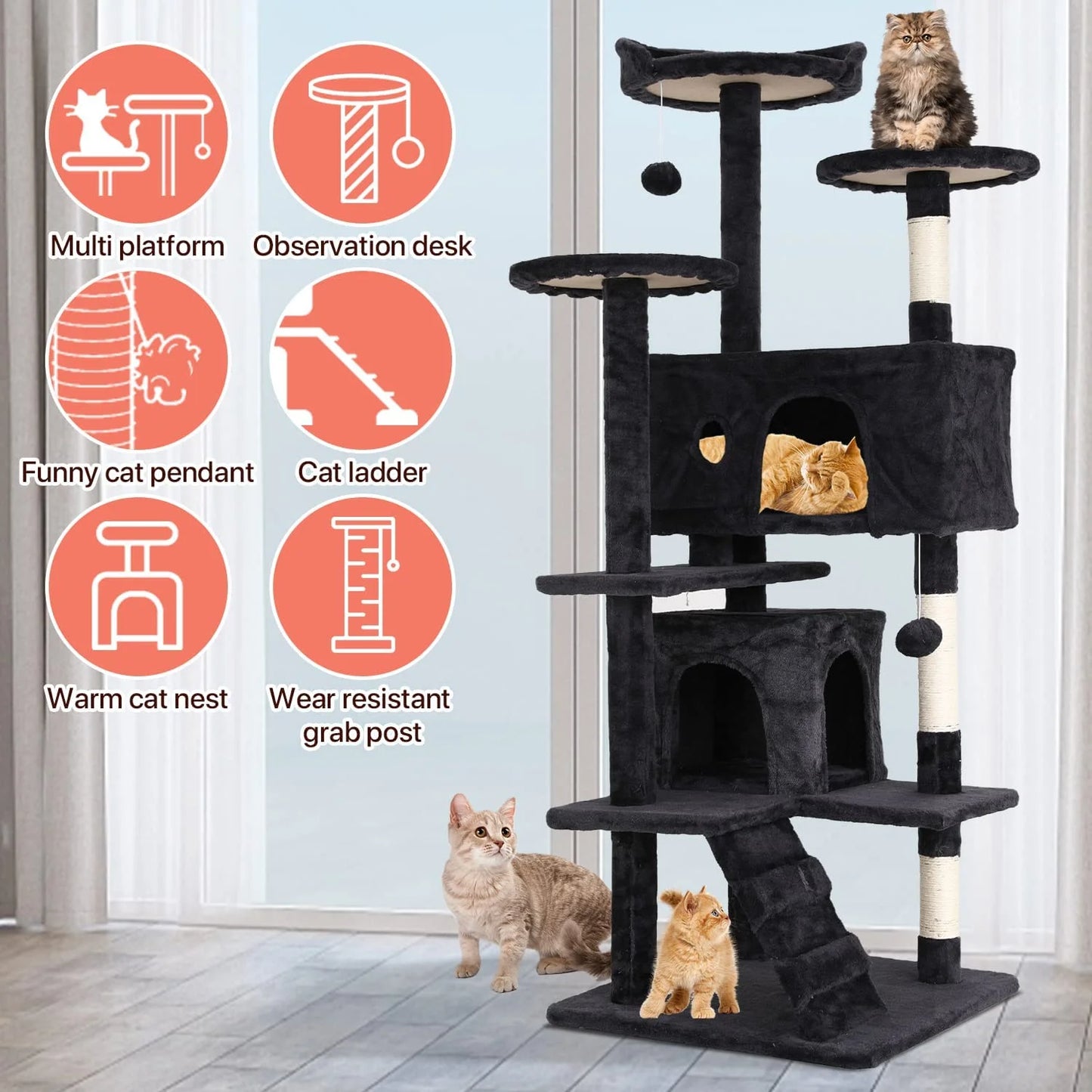 Niamvelo 54-In Double Condo Cat Tree Tower Playhouse with Scratching Post for Indoor, Dark Gray