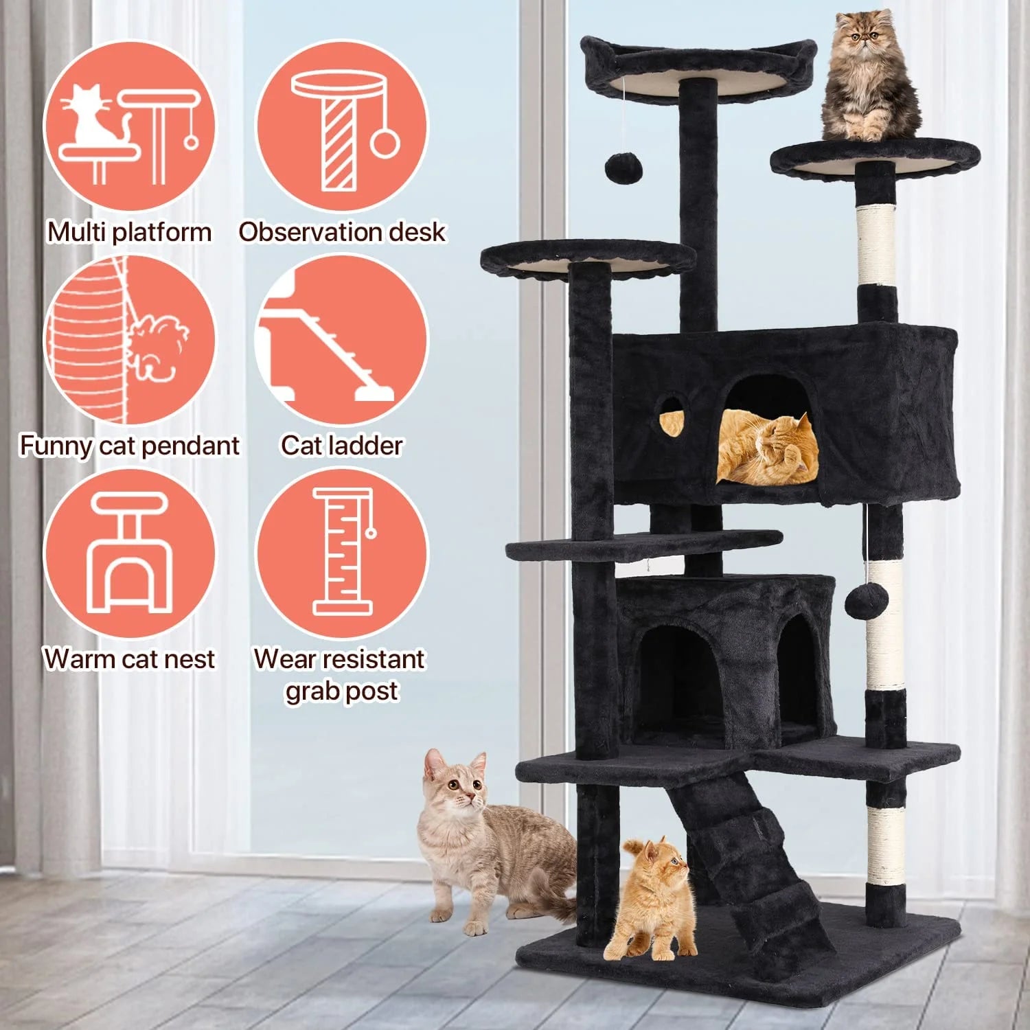 Niamvelo 54-In Double Condo Cat Tree Tower Playhouse with Scratching Post for Indoor, Dark Gray