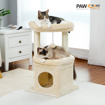 PAWZ Road 27" Cat Tree for Medium Cats Plush Condo and Scratching Posts, Beige