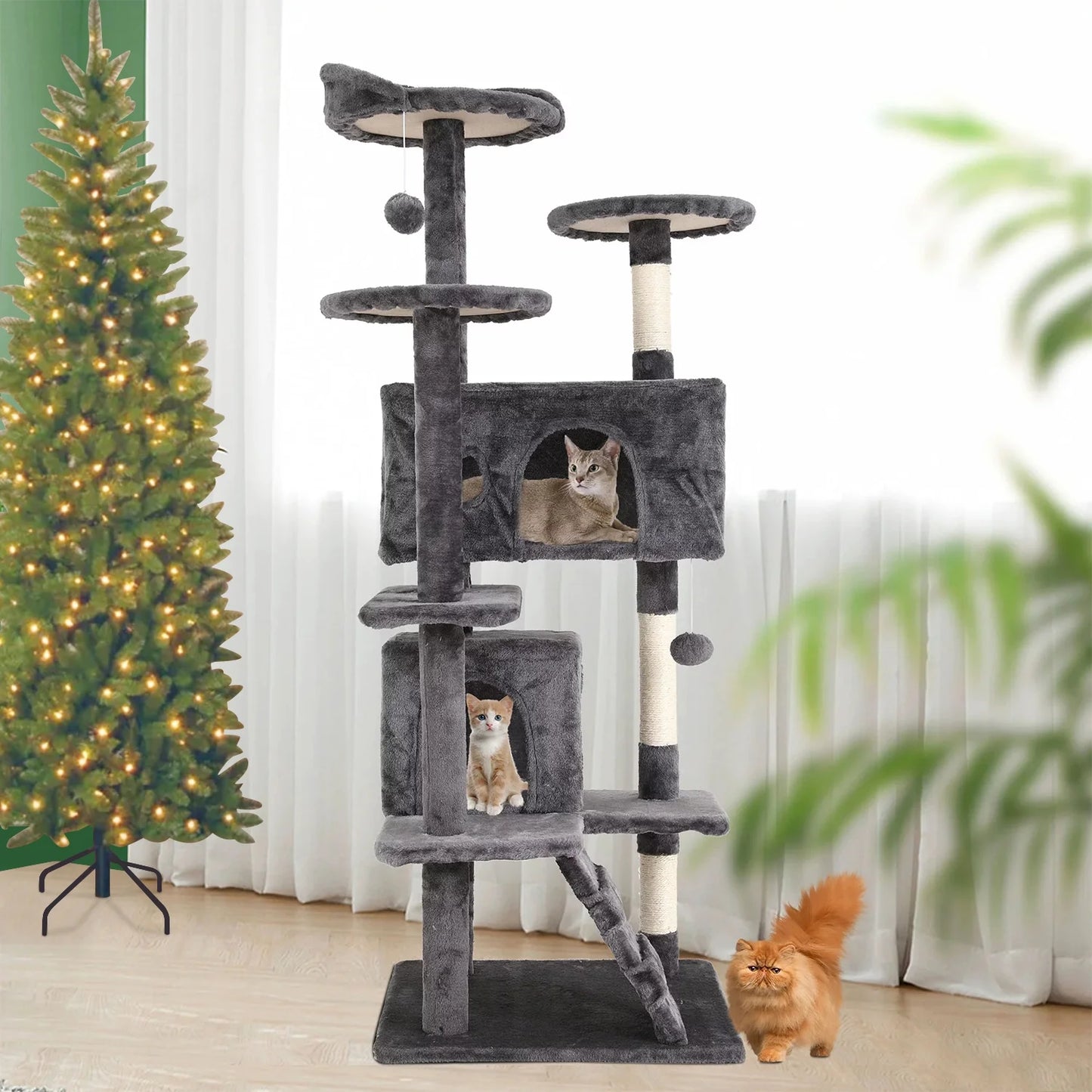 Niamvelo 54-In Double Condo Cat Tree Tower Playhouse with Scratching Post & Perch for Indoor, Light Gray