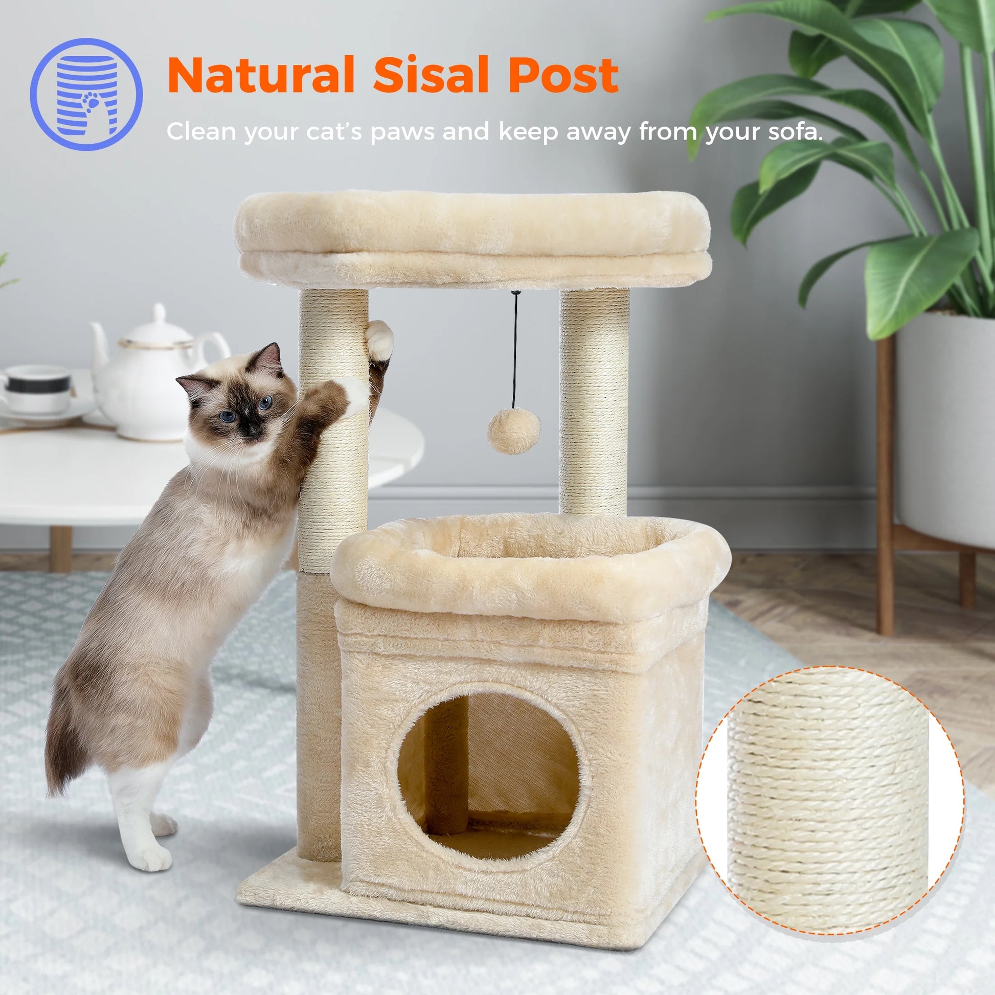 PAWZ Road 27" Cat Tree for Medium Cats Plush Condo and Scratching Posts, Beige