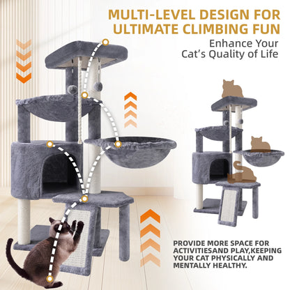 AIWIKIDE 37.4'' Cat Tree Cat Tower with Scratching Posts, Activity Centre Climbing Tree Cat Furniture with Cat Condo and Two Hammocks, Grey