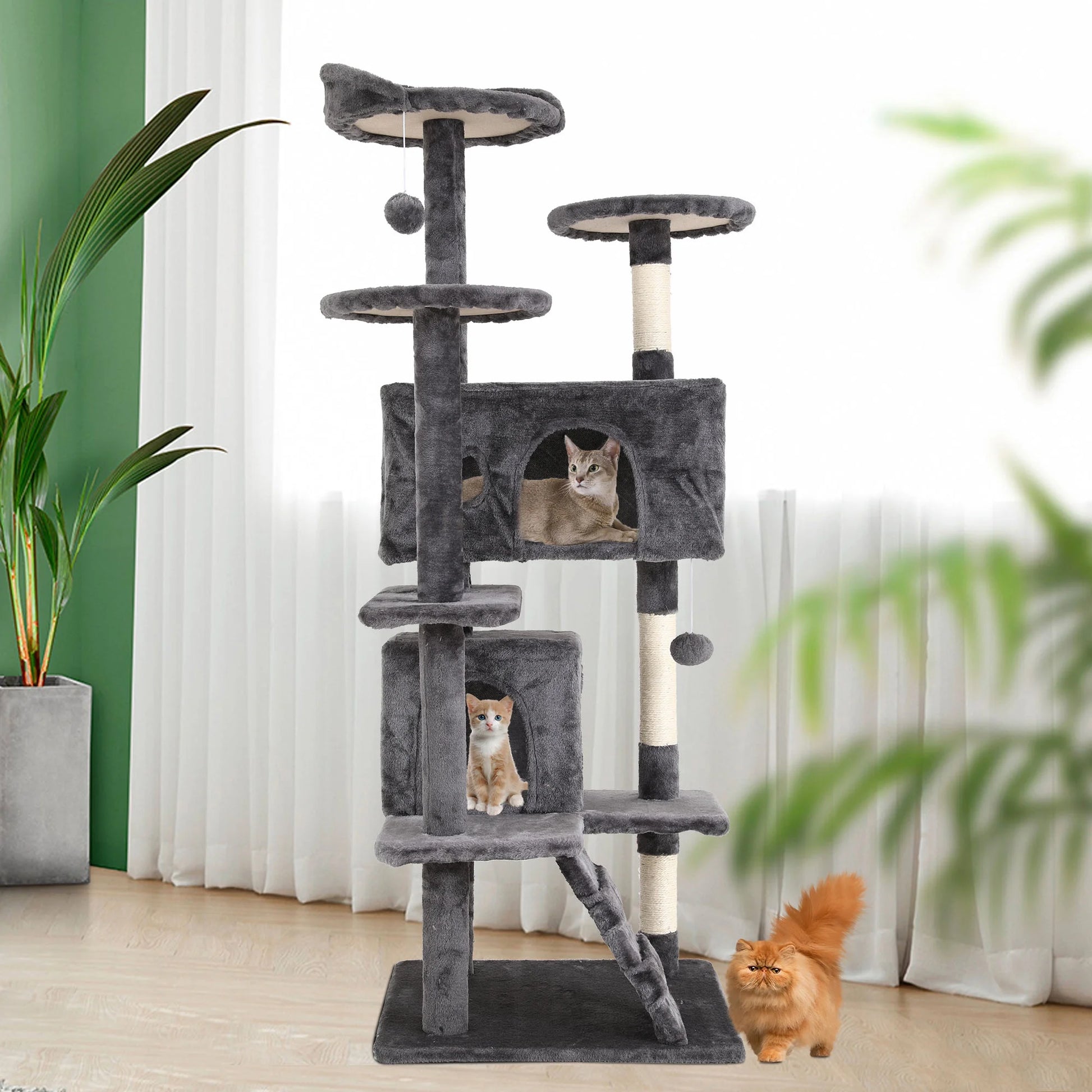 Niamvelo 54-In Double Condo Cat Tree Tower Playhouse with Scratching Post & Perch for Indoor, Light Gray