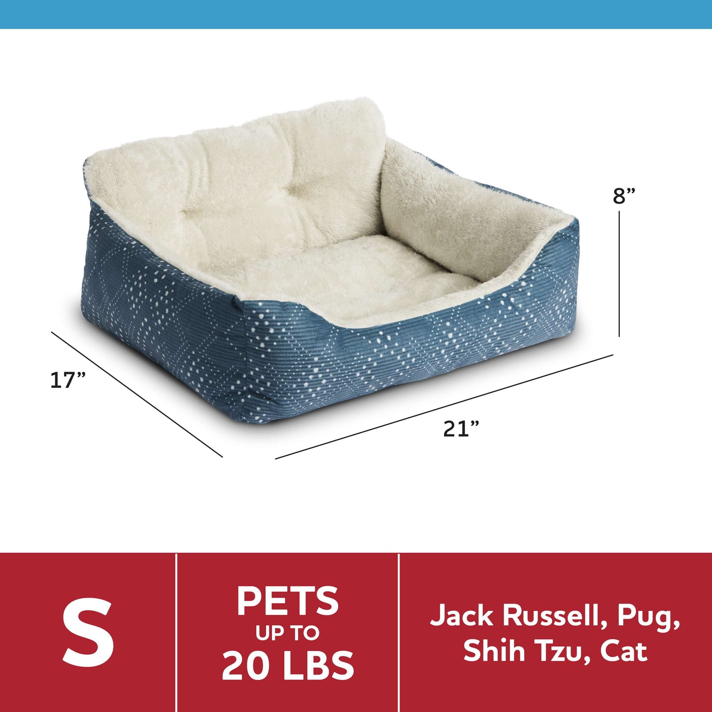 Vibrant Life Dog & Cat Bed, Plush Lounger, Portable, Machine Washable, Blue, 21" X 17"